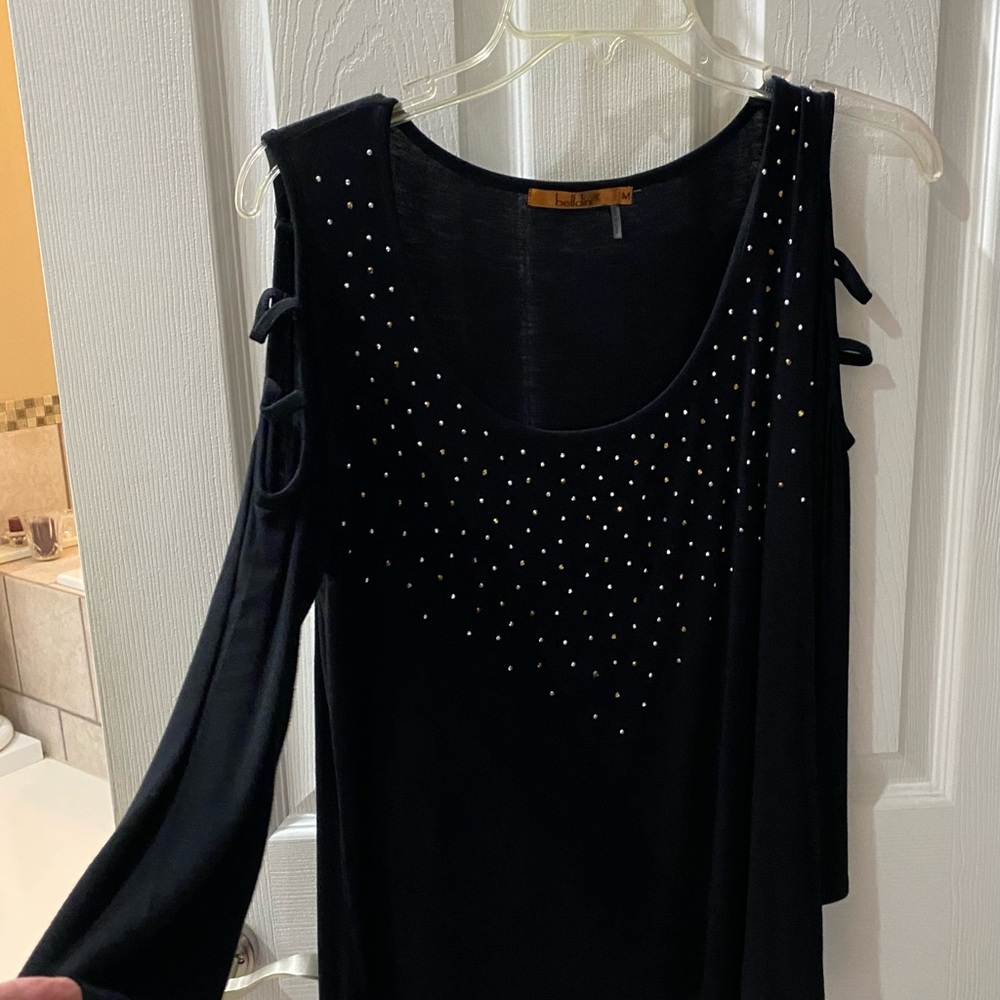 Ladies Cold Shoulder Black Sequened Top Medium